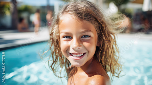 Happy smiling child girl in summer having fun at the public outdoor pool. Hot day, water fun at the swimming pool, refreshment. © dinastya