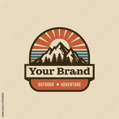  vintage adventure outdoor badge. Camping emblem logo with mountain and tree illustration