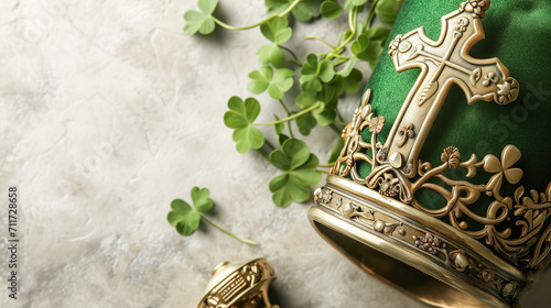 Bishop St. Patrick's vestment, headdress decorated gold cross and green precious stones, shamrock, light background. photo