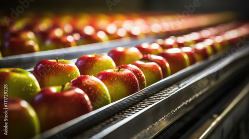 Many Fresh apple on conveyor belt plant. Processing  quality control and packaging of fresh apples. Selected fruit  food industry.
