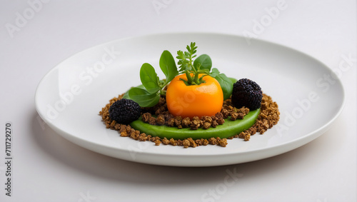 Vegan haute cuisine dish on white plate. Exquisite serving of the dish. Cereals with vegetables. Dish in a restaurant
