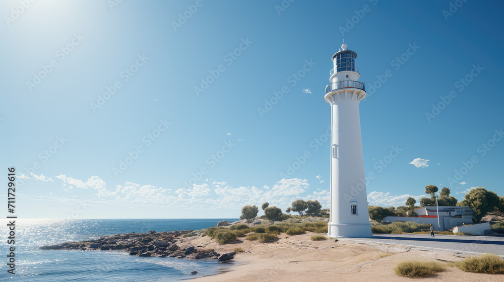 Minimalistic landscape with white lighthouse against blue bright summer sky and sun rays. Lighthouse on the seashore, postcard from a trip.