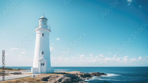 Minimalistic landscape with white lighthouse against blue bright summer sky and sun rays. Lighthouse on the seashore  postcard from a trip.