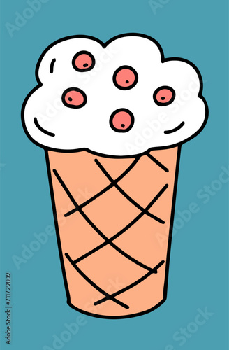 A ice cream in a waffle cup. Delicious food, summer lactic dessert. Cartoon vector illustration doodle