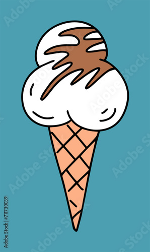 A ice cream with chocolate in a waffle cup. Delicious food, summer lactic dessert. Cartoon vector illustration doodle
