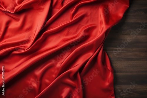 Red satin fabric draped over a wooden table