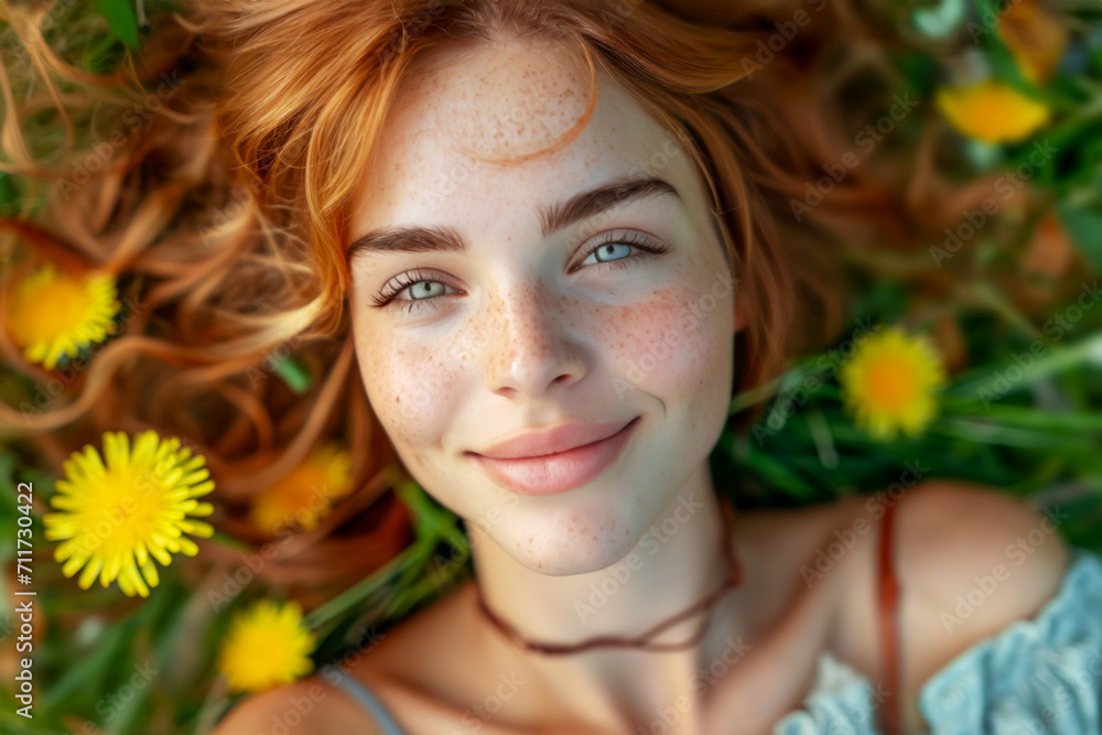 Portrait of pretty young smiling woman with long red hair lies in green grass with yellow dandelions. Concept of spring, summer, no allergies, health, environment, love for nature and natural beauty Portrait of pretty young smiling woman with long red hair lies in green grass with yellow dandelions. Concept of spring, summer, no allergies, health, environment, love for nature and natural beauty