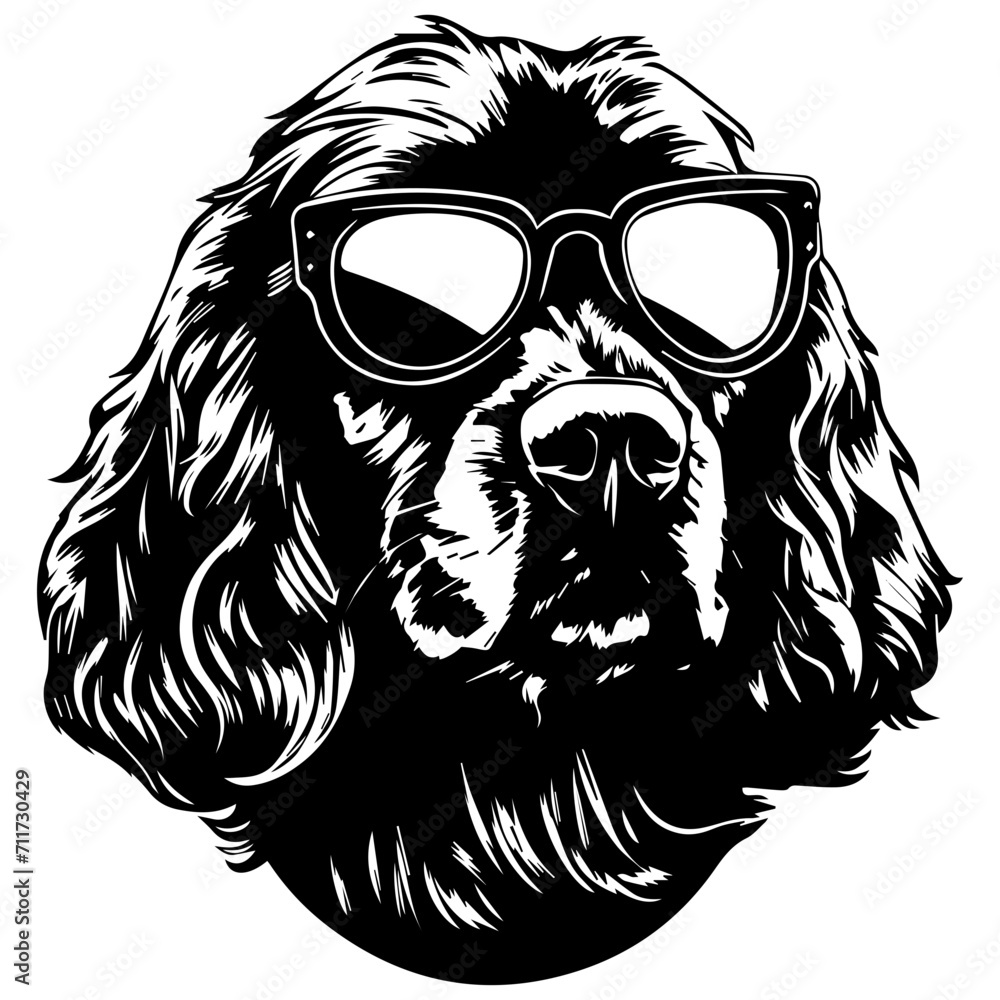 Obraz premium Cool Boykin Spaniel wearing sunglass black silhouette logo svg vector, Boykin Spaniel dog icon illustration.