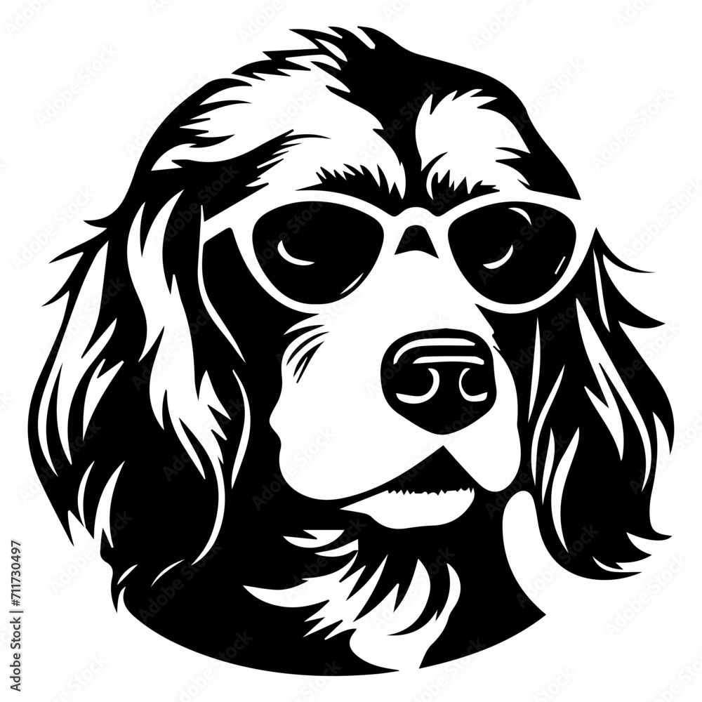 Cool Boykin Spaniel wearing sunglass black silhouette logo svg vector, Boykin Spaniel dog icon illustration.