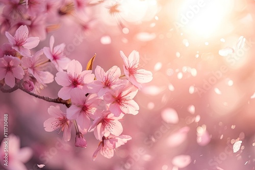 A close-up of a cherry blossom tree in soft sunlight with petals falling gently Cherry tree blossom in spring . Cherry blossom tree in bloom flowering macro detail © PinkiePie