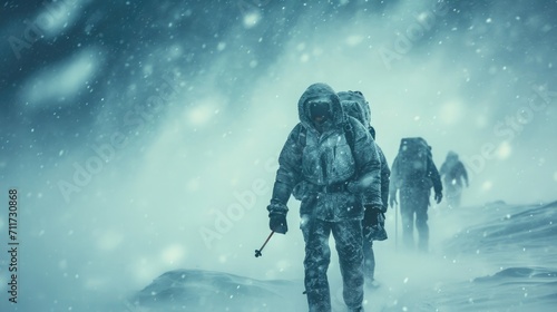 Arctic Expedition, Team of Explorers Trudging Through a Snowstorm, Wide Shot, Blurred Snowflakes, Emphasis on Endurance and Harsh Conditions.