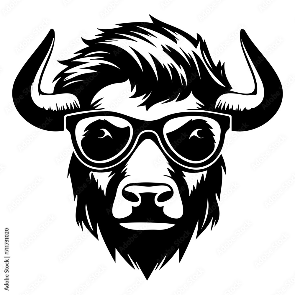 Obraz premium Cool buffalo wearing sunglass black silhouette logo svg vector, buffalo icon illustration.