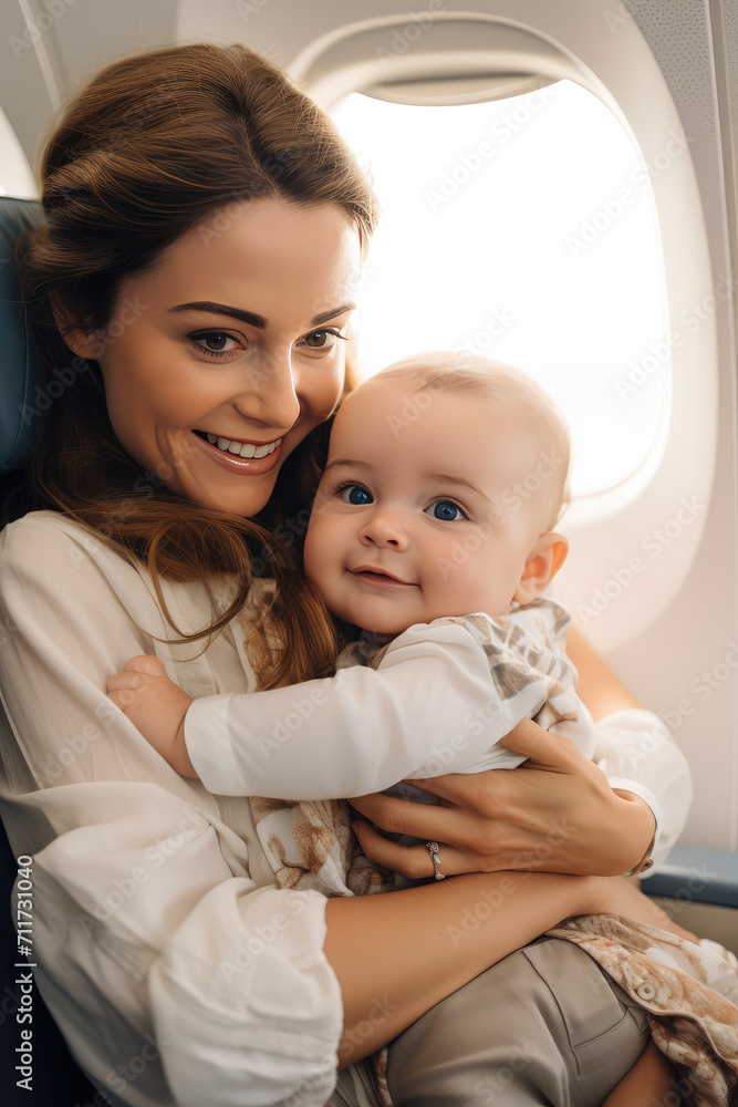 Young European smiling mother holding her infant baby sitting in an airplane cabin. Air travel with newborn baby, relaxing vacation with kids, vertical. Young European smiling mother holding her infant baby sitting in an airplane cabin. Air travel with newborn baby, relaxing vacation with kids, vertical.
