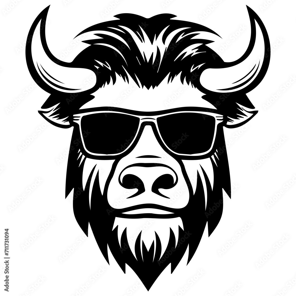 Fototapeta premium Cool buffalo wearing sunglass black silhouette logo svg vector, buffalo icon illustration.