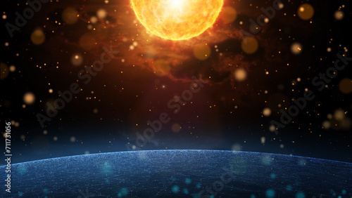 Artistic 3d space with abstract Sun, planet and stars. View from space. Illustration background. photo