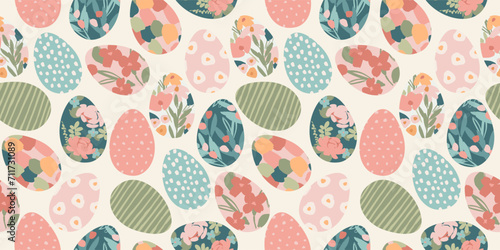 Happy Easter. Vector seamless pattern. Easter eggs with abstract flowers.