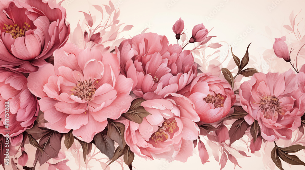 Wallpaper with pink peony flowers
