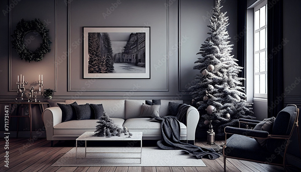 Amazing Interior Design of a Living Room with X-Mas Decorations minimalist background , Ai generated image Amazing Interior Design of a Living Room with X-Mas Decorations minimalist background , Ai generated image