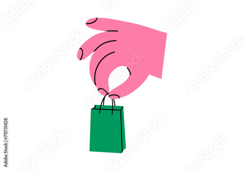 Hand drawn cute cartoon illustration of hand with shopping bag. Flat vector shopping in store sticker in colored doodle style. Buying on sale icon or print. Delivery service or online order. Isolated.