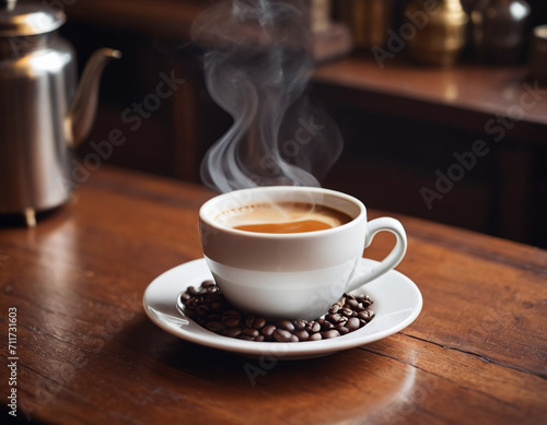 Cup of coffee on a wooden table generated by AI