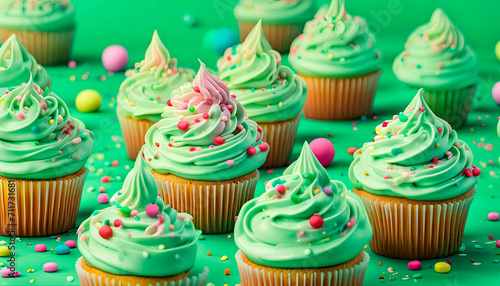 St Patrick s day  food and holidays concept. Close up of green cupcakes and bokeh