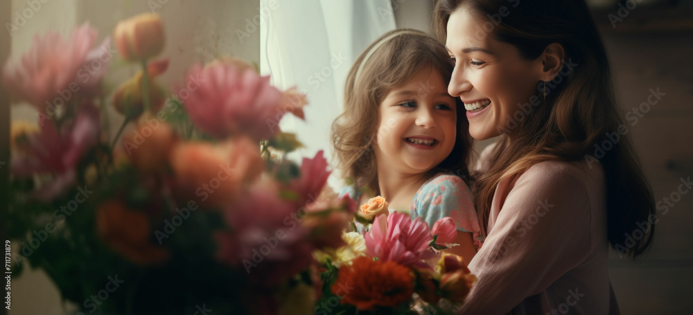 little daughter is holding nice flowers for her amazed cheerful joyful charming mom