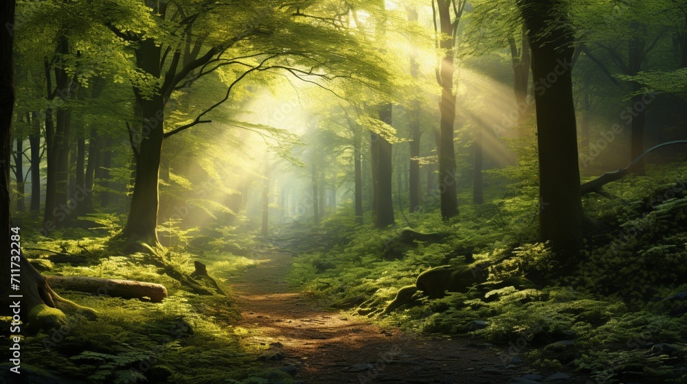 A lush green forest bathed in the morning sunlight, with rays filtering through the foliage, capturing the enchanting beauty of a woodland awakening - Generative AI