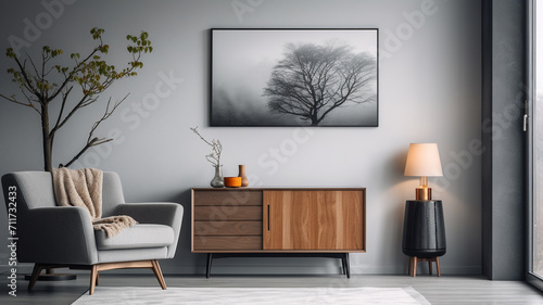 modern interior design with a picture frame, mock up, 3 d illustration render