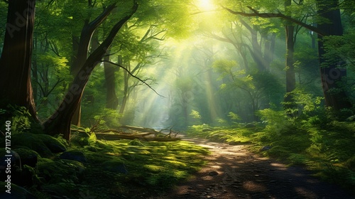 A lush green forest bathed in the morning sunlight, with rays filtering through the foliage, capturing the enchanting beauty of a woodland awakening - Generative AI © Huzaifa