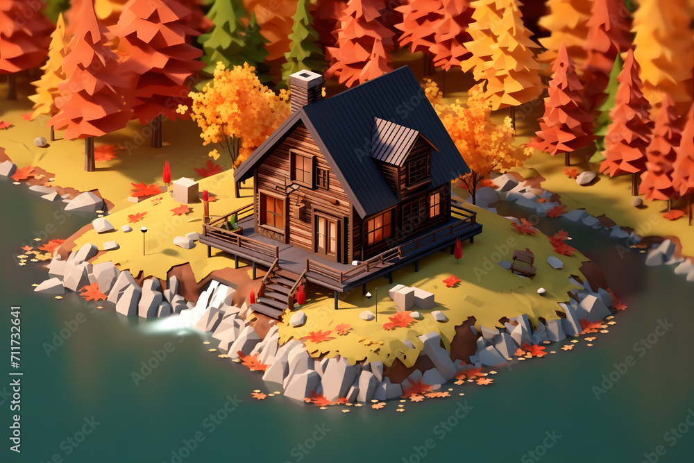 3d autumn cabin isometric
