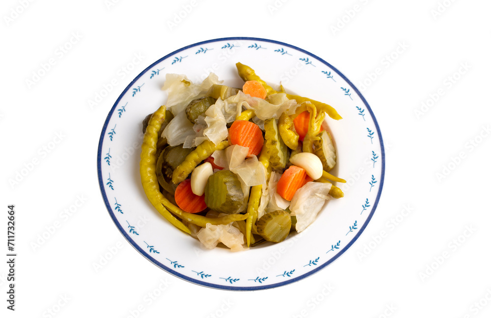 Assorted mixed pickled vegetables in bowl - plate, Turkish name; tursu.