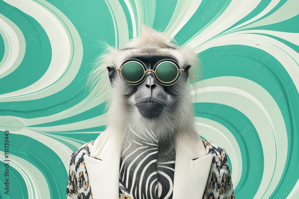  fashion portrait of a cute and funny monkey, elegant and glamorous dressed , minimal  mood background