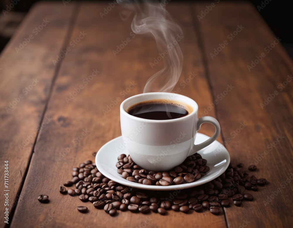 Fototapeta premium Cup of coffee on a wooden table generated by AI