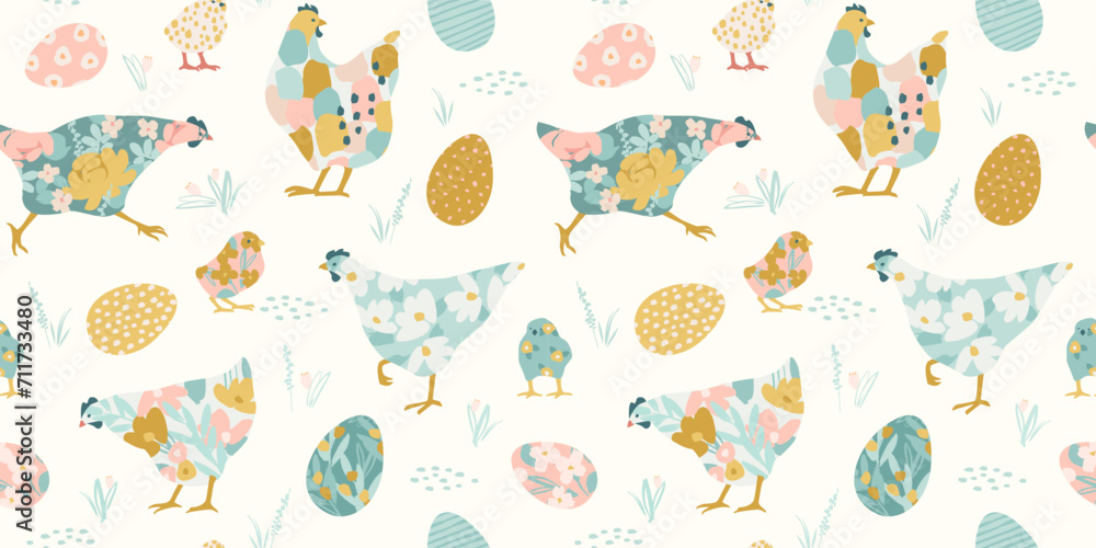 Happy Easter. Vector seamless pattern with abstract chickens