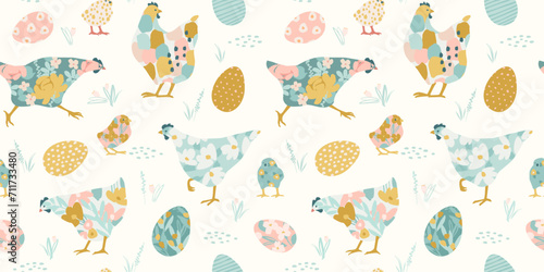 Happy Easter. Vector seamless pattern with abstract chickens