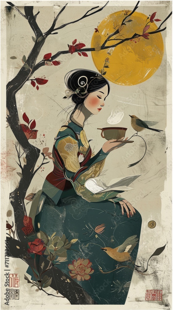 illustration of a young girl reading a book and drinking a cup of tea, outdoor, relaxing in the nature,japanese style, free peaceful time concept