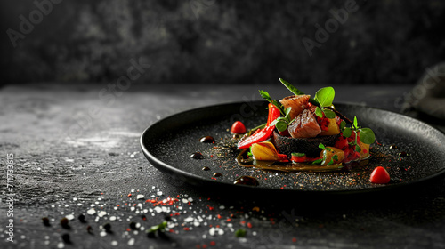 Illustration of a steak dish, in a Michelin star restaurant, main course, side view, gloomy mood, and gray concrete black background.