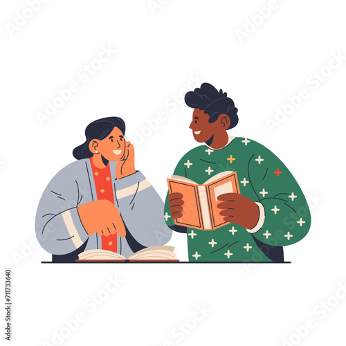 Man and woman read book together or discuss books. Vector flat cartoon couple at reading. Family at library or lib. Literature club or education group sign. Male and female reader activity. Bookstore