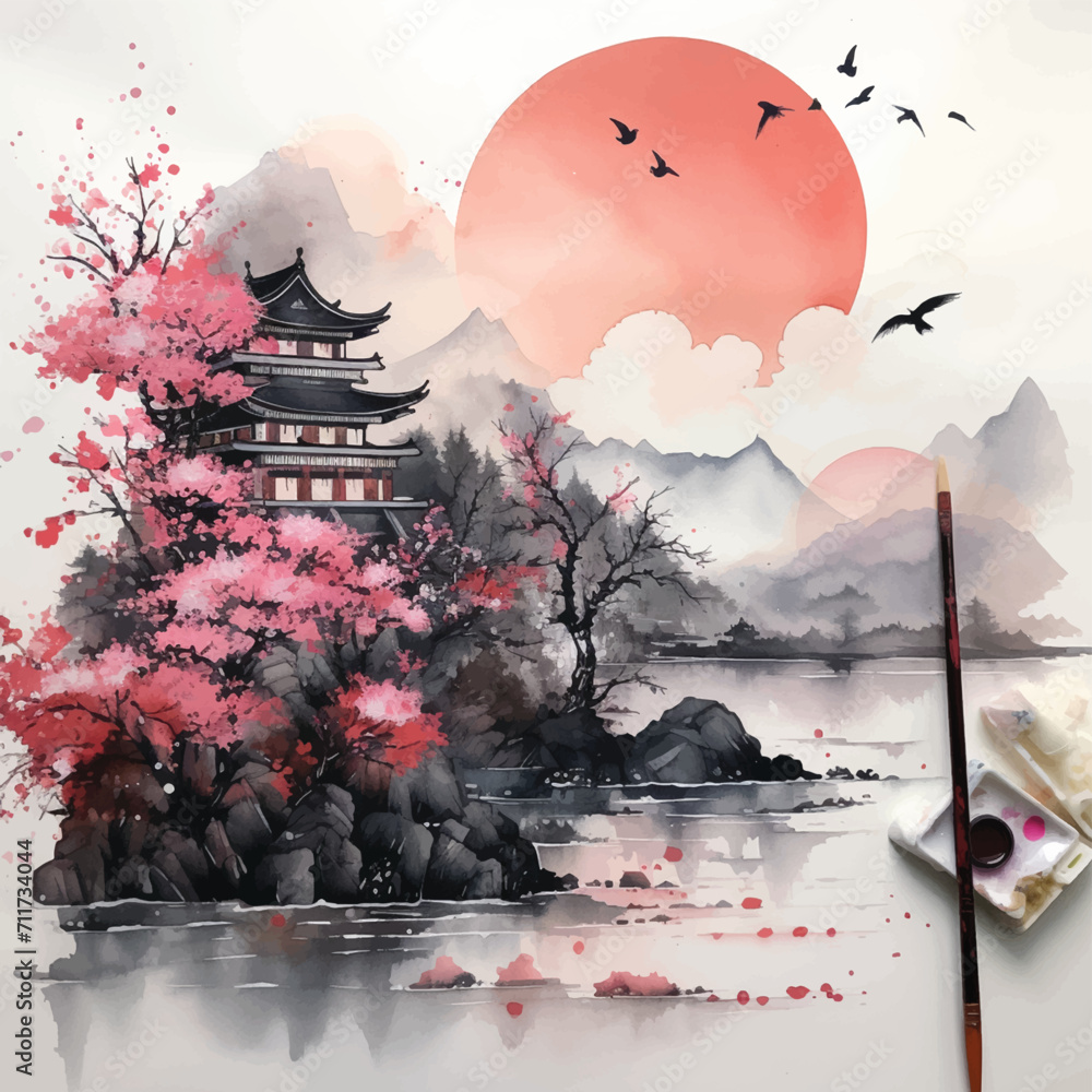 Japanese embroidery art epoxy resin art japanese sunset painting the