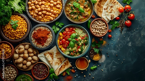 Vegetarian food background. Chickpeas, hummus, chickpeas, tomatoes, peppers, herbs, spices, pita bread. Healthy eating concept. Top view.