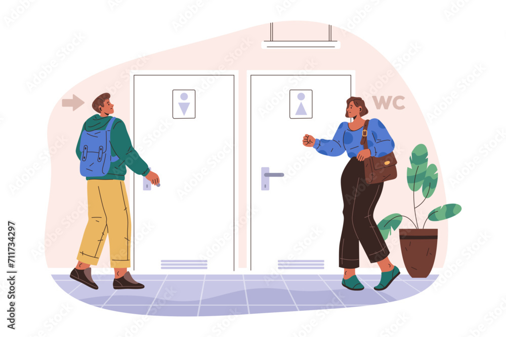 Vector wc banner with man and woman. Sign for bathroom or poster for toilet, badge for washroom or label for public sanitary room. Male and female, gentleman and lady room. Gender room symbol Vector wc banner with man and woman. Sign for bathroom or poster for toilet, badge for washroom or label for public sanitary room. Male and female, gentleman and lady room. Gender room symbol