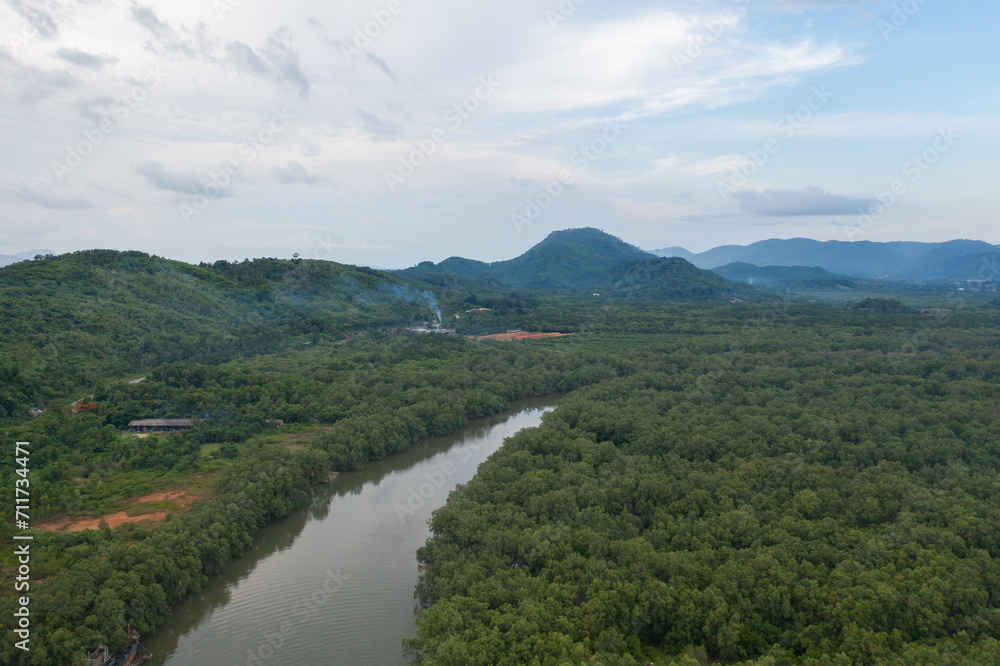 Aerial view of Ranong City, The Floating village urban city town houses, lake sea or river. Nature landscape fisheries and fishing tools, Thailand. Aquaculture farming