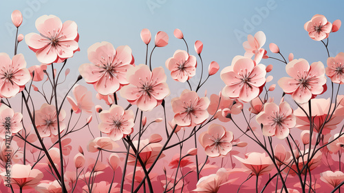 Pink flowers on the blue background