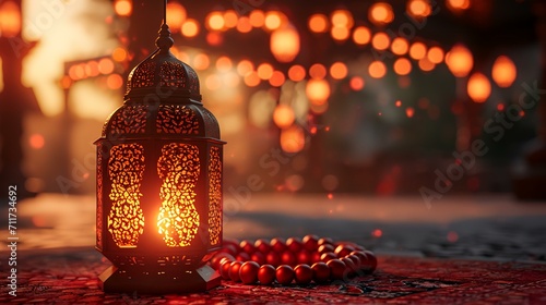 Lantern with red beads on the carpet, Ramadan Kareem background