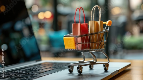Generative AI, shopping cart with shopping bags standing on laptop keyboard, shop online, free delivery, discounts and sale concept. 