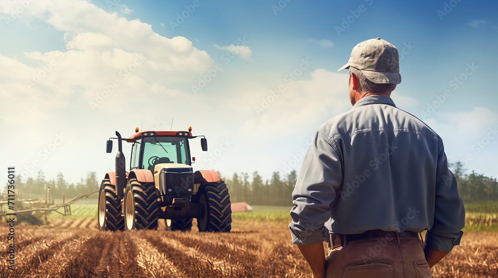 Farmer watches a tractor working in a field. Agricultural preparatory spring work. Agricultural sector concept Farmer watches a tractor working in a field. Agricultural preparatory spring work. Agricultural sector concept