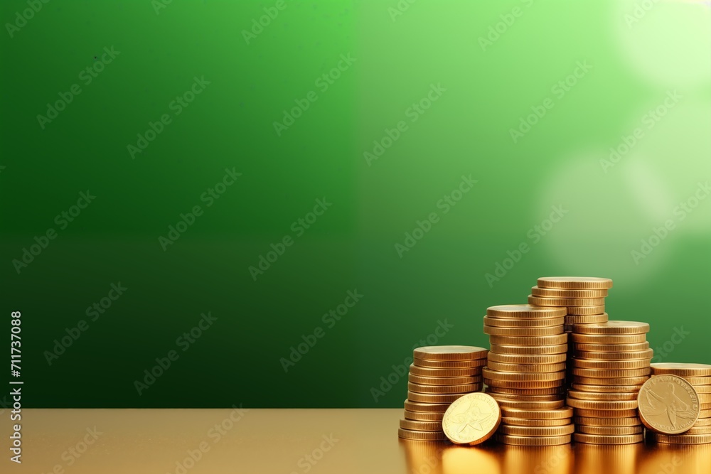 Gold coins for St. Patrick`s Day on green background with copy space. Finance and Investment concept. Column of golden coins Gold coins for St. Patrick`s Day on green background with copy space. Finance and Investment concept. Column of golden coins