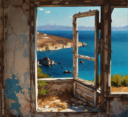 Window to the sea in an abandoned house across to the Aegean islands. 