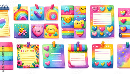 watercolor memo list items with cute faces and floral designs, perfect for organization and scrapbooking themes.