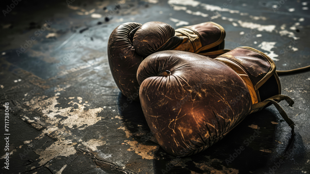 Poster Print Vintage Boxing Gloves on a Weathered Training Ring Floor 40x22.2 cm